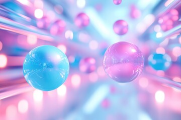 Poster - Abstract background with pastel neon blue and pink spheres, geometric shapes.