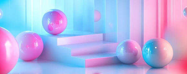 Poster - Abstract background with pastel neon blue and pink spheres, geometric shapes.