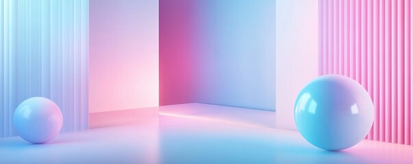 Poster - Abstract background with pastel neon blue and pink spheres, geometric shapes.