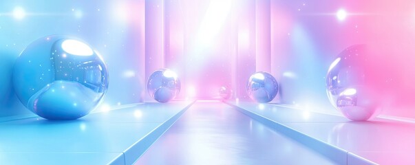 Poster - Abstract background with pastel neon blue and pink spheres, geometric shapes.