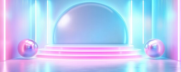 Poster - Abstract background with pastel neon blue and pink spheres, geometric shapes.