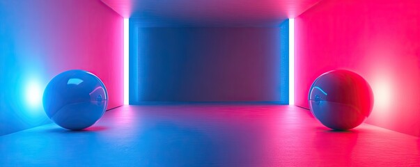 Poster - Abstract background with pastel neon blue and pink spheres, geometric shapes.