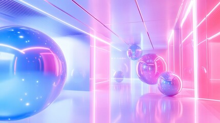 Poster - Abstract background with pastel neon blue and pink spheres, geometric shapes.