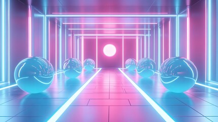 Poster - Abstract background with pastel neon blue and pink spheres, geometric shapes.