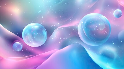 Poster - Abstract background with pastel neon blue and pink spheres, geometric shapes.