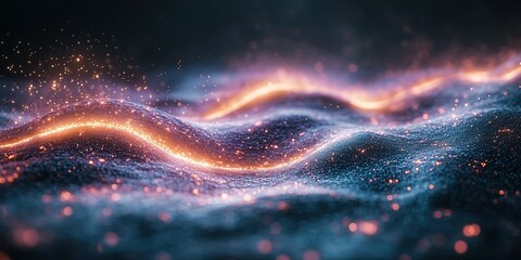 Poster - Colorful glowing waves in a dark, atmospheric setting with vibrant light particles