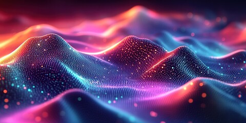 Poster - colorful abstract wave patterns glow with vibrant light and texture in a digital landscape at night