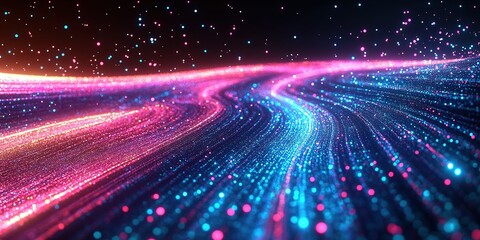 Poster - Colorful abstract wave of light particles swirling in darkness creates a mesmerizing digital landscape