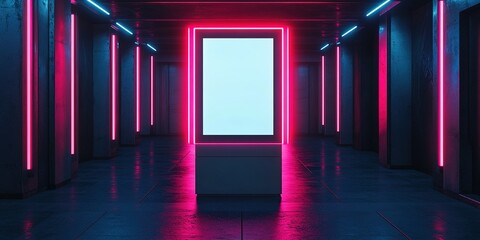 Poster - Neon illuminated corridor with central display in an urban setting during nighttime