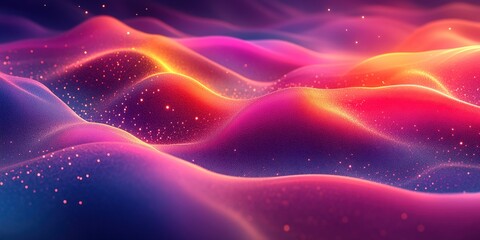 Poster - Vibrant abstract representation of flowing waves in luminous shades of pink and purple with a cosmic sparkle effect