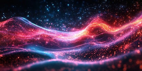 Aufkleber - vibrant waves of color and light create an abstract digital landscape in a cosmic setting