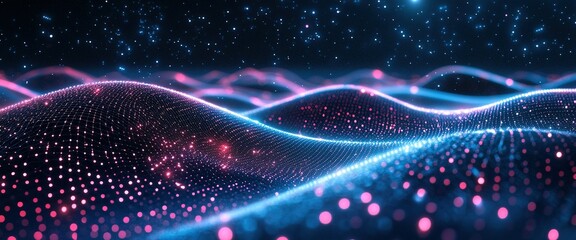 Poster - Colorful waves of light create a digital landscape with stars in the background