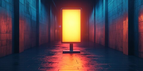 Poster - bright neon sign illuminates an empty corridor with colorful reflections at night in a modern urban 