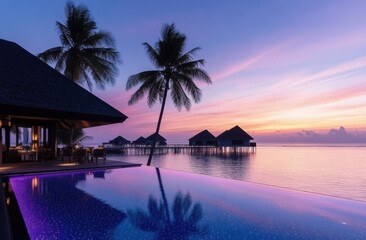 Aufkleber - Infinity pool with water bungalows in the background, ocean view at sunset. Reflections on the edge of the pool, palm trees and purple sky, the luxury resort style hotel on the island.