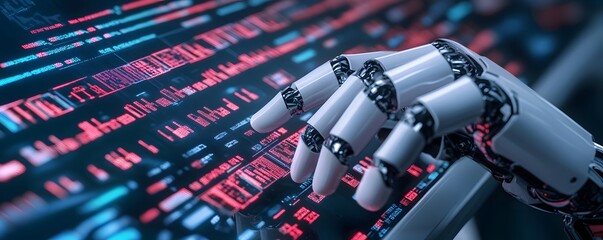 Poster - a close-up view of a robotic hand interacting with vibrant digital data
