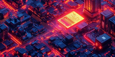 Poster - Cityscape of a futuristic cyber world with glowing circuits and detailed elements at night