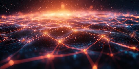Poster - Complex network of glowing particles creates an ethereal visual display in dark space
