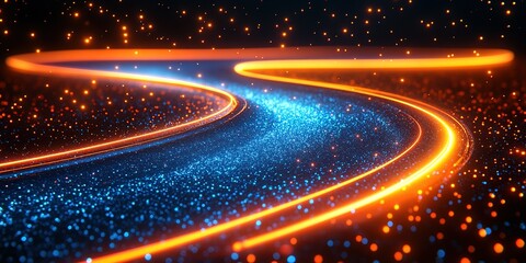 Poster - Glowing abstract pathway with vibrant trails of light in a starry night setting