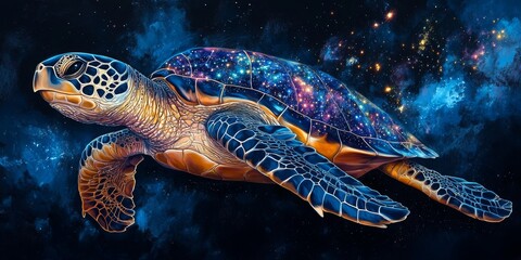 celestial sea turtle, a majestic turtle adorned with constellation patterns on its shell gliding thr