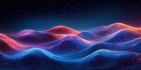 Aufkleber - bright neon waves ripple under a starry sky in a vibrant digital landscape filled with glowing color