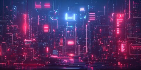 Poster - Digital cityscape with glowing neon lights at night showcasing futuristic architecture and technology