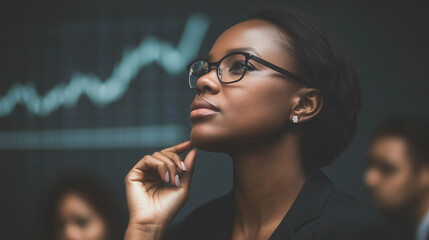 Canvas Print - An African American businesswoman with glasses is looking at a graph on a wall.