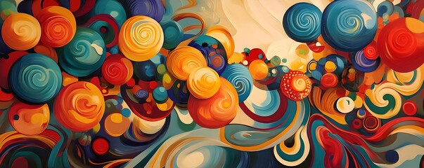 Poster - A vibrant and colorful abstract painting featuring swirling shapes and dynamic patterns, inviting viewers into a world of creativity and imagination through its lively hues.