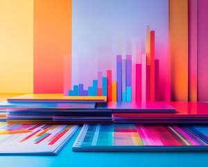 Poster - A vibrant composition of colorful geometric shapes and bars, representing data visualization and creativity in design. Perfect for use in modern marketing and advertising projects.