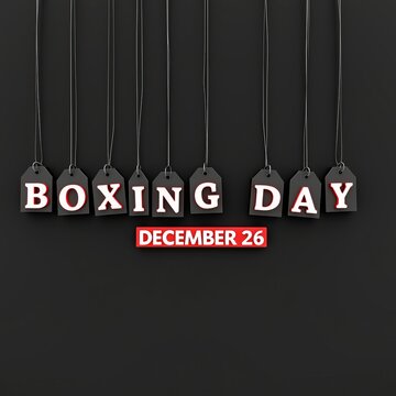 The words BOXING DAYWrites on Red Price Tags Hanging from Black Ribbons over Black Background.