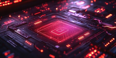 Poster - Red glowing circuit board with intricate patterns and details highlighting technology and innovation in digital design