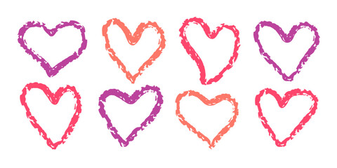 Poster - Set of hand Drawn hearts with crayon texture . Cute Sketch Contour heart shapes. Kids pencil drawings. Doodle playful Icon for card, invitation, sticker, Children Design. Abstract Love symbol