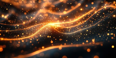 Poster - Bright particles creating flowing waves of light in a dark environment during a creative digital display