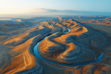 Poster - Aerial View of a River Winding Through Orange Canyon Land