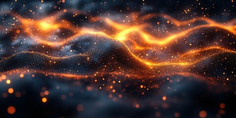 Poster - Glowing abstract waves of orange and black particles create a vibrant, dynamic landscape at night