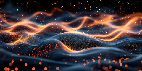 Poster - Abstract representation of flowing waves with glowing orange and blue particles in a dark background showcasing a captivating visual effect