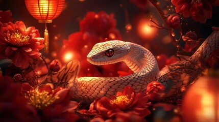 Poster - Festive red background showcasing a detailed snake amidst colorful flowers and glowing lanterns for Chinese New Year 2025