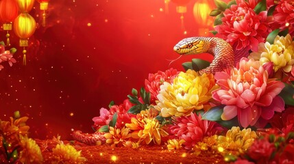 Poster - Festive red background showcasing a detailed snake amidst colorful flowers and glowing lanterns for Chinese New Year 2025