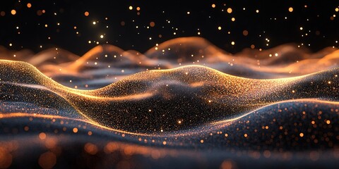 Poster - Dreamy waves of shimmering particles create an enchanting abstract landscape at night