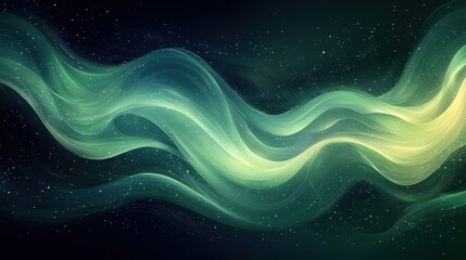 Poster - flowing green and yellow waves create a cosmic atmosphere with stars shining in the background durin