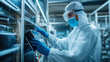 © Maksym - A worker in protective gear inspecting a large lithium battery, with a focus on safe disposal protocols in a modern recycling facility