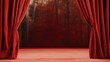 © Design Depot - This image shows red theater curtains drawn partly open, revealing a blurred forest backdrop with warm colors, creating an inviting and dramatic stage setting.