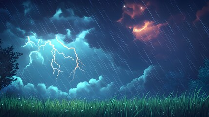 Poster - Dramatic lightning illuminates a stormy sky over a grassy meadow during a rainy night