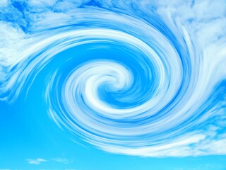 Poster - Blue and white abstract sky background with white clouds and effect of vortex - graphics. Topics: weather, computer art, tornado, whirlwind, meteorology, climate change, abstraction, wallpaper