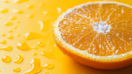 Wall Mural - Close-up of a juicy orange slice on a yellow background with water droplets.