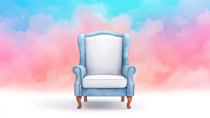 Poster - cozy blue armchair with white cushion, set against dreamy pastel background. This watercolor style illustration evokes sense of comfort and tranquility