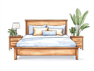 Poster - wooden bed frame with soft blue bedding, surrounded by plants and lamps, creates cozy atmosphere. design is perfect for serene bedroom setting