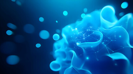 Poster - Abstract blue fluid shape with glowing particles.