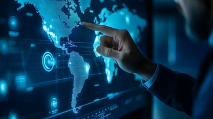Poster - Businessman interacts with digital world map.