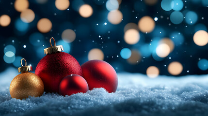 Canvas Print - christmas ornaments on snow with bokeh lights.