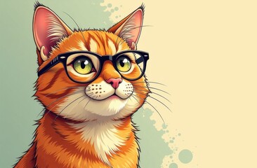  A cute ginger cat with glasses is looking away. Advertising of optics, pet stores, and pets. Sale, advertising, discounts, special offers Business concept. Creative fashion banner, copy the space.